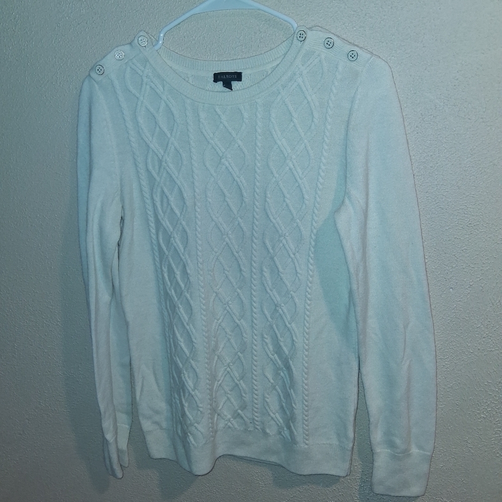 Talbots Ivory Lambs Wool Blend Cable Knit Sweater With Button Detail On Shoulder